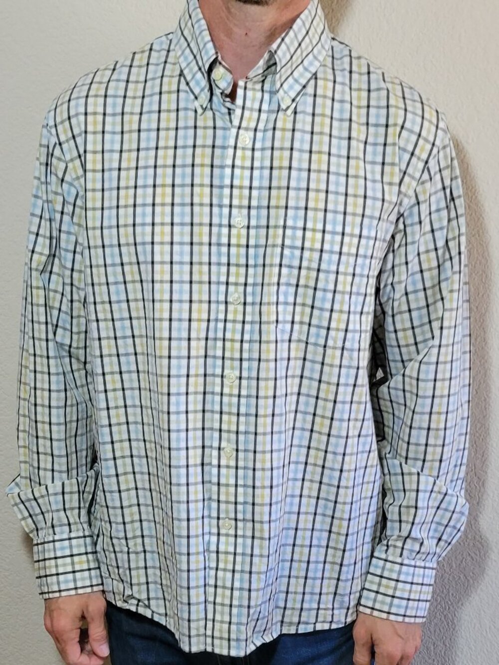 Sonoma Mens Button Down Shirt Large Check Plaid White Brown Yellow Cotton Top